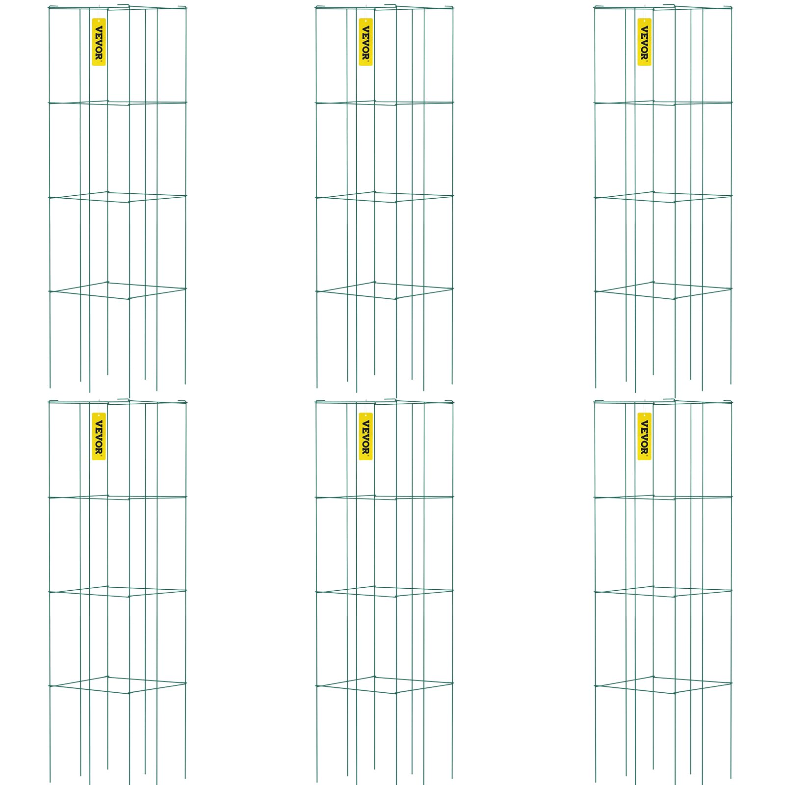 Vevor Tomato Cages, 14.6' X 14.6' X 39.4', 6 Packs Square Plant Support Cages, Green Pvc-Coated Steel Tomato Towers For Climb